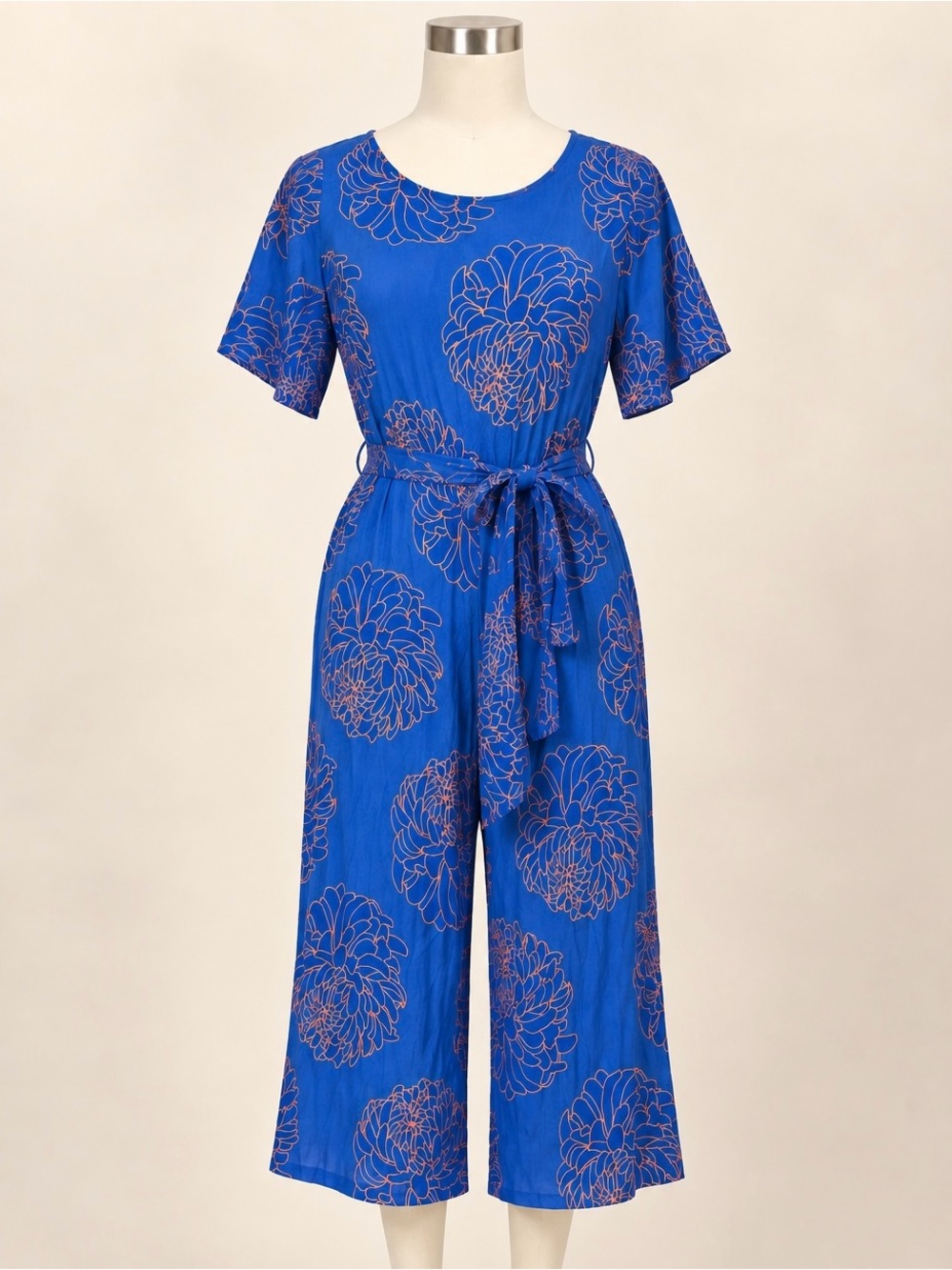 Mister Zimi Size 10 Blue Coral Floral Belted Cropped Wide Leg Jumpsuit